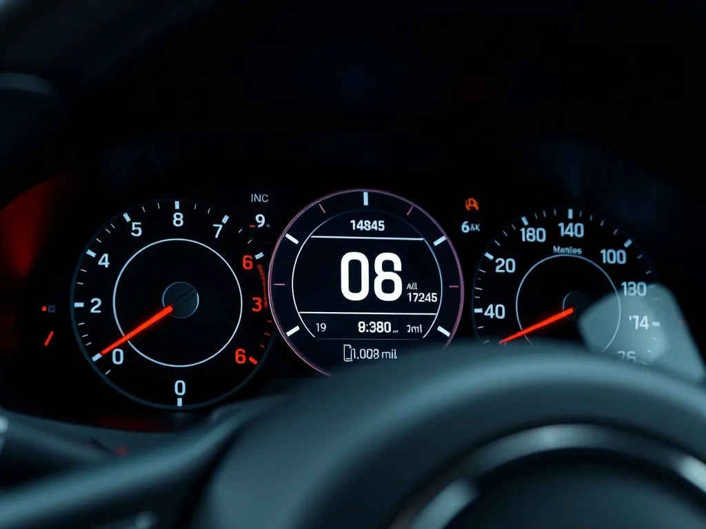 Close up of a modern digital car dashboard showing mileage a