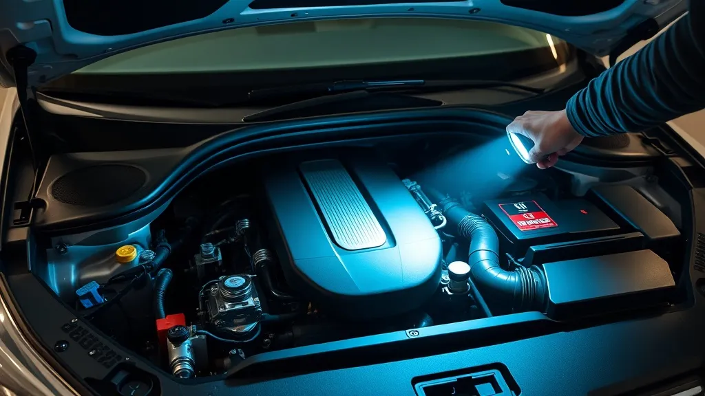 A clean modern car engine bay being inspected with a flashli
