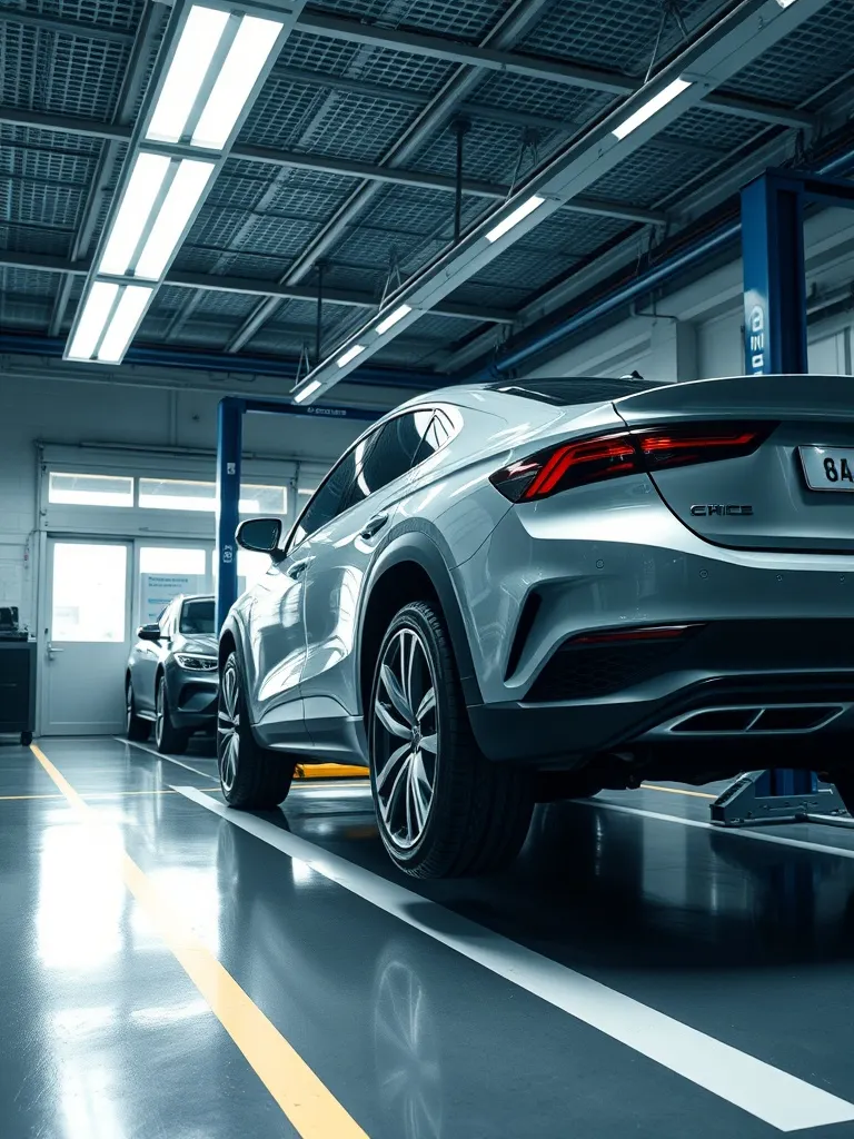 A clean professional car inspection garage bay with a vehicl