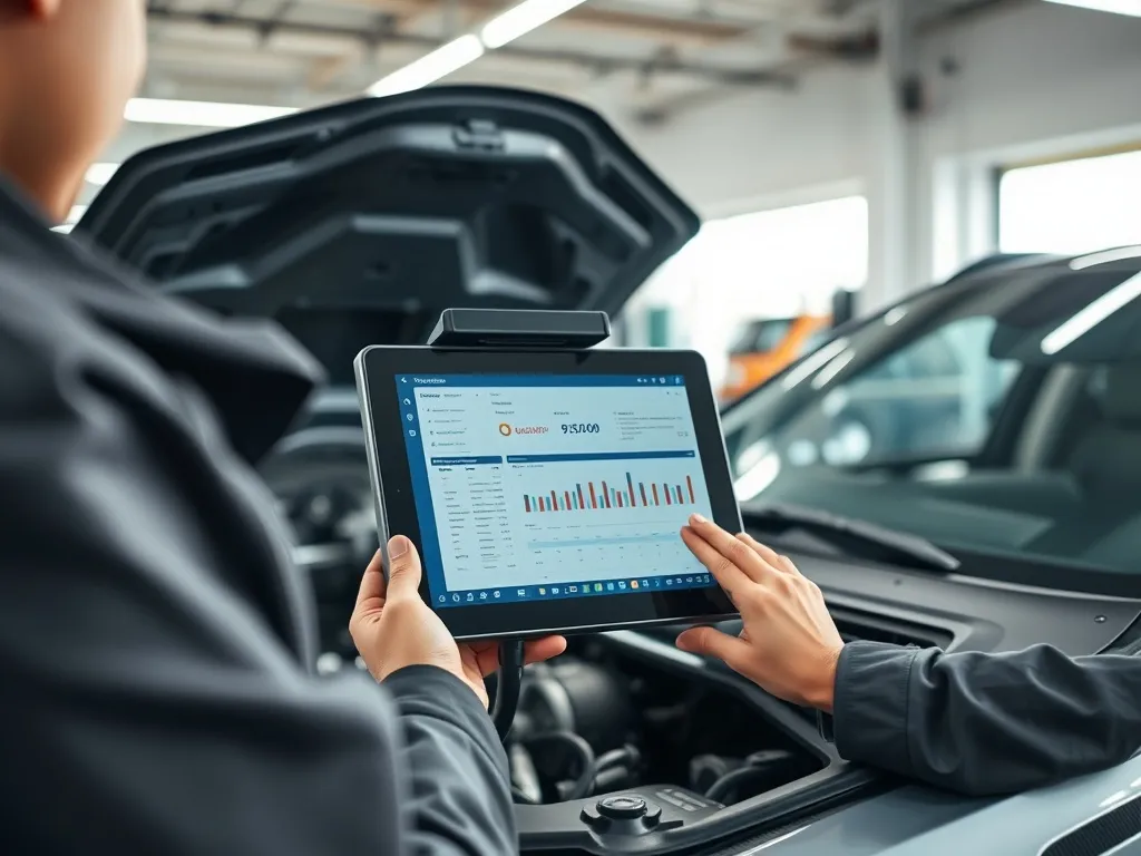 A professional mechanic using a diagnostic tablet connected