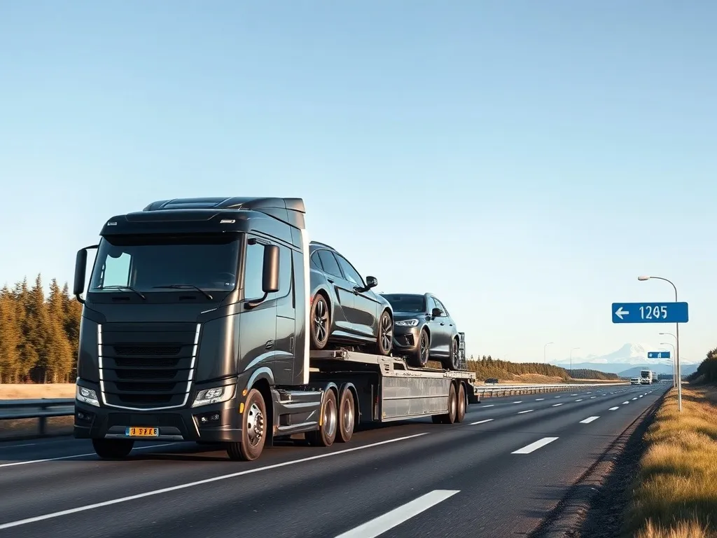 A modern car transporter truck on a highway between Canadian