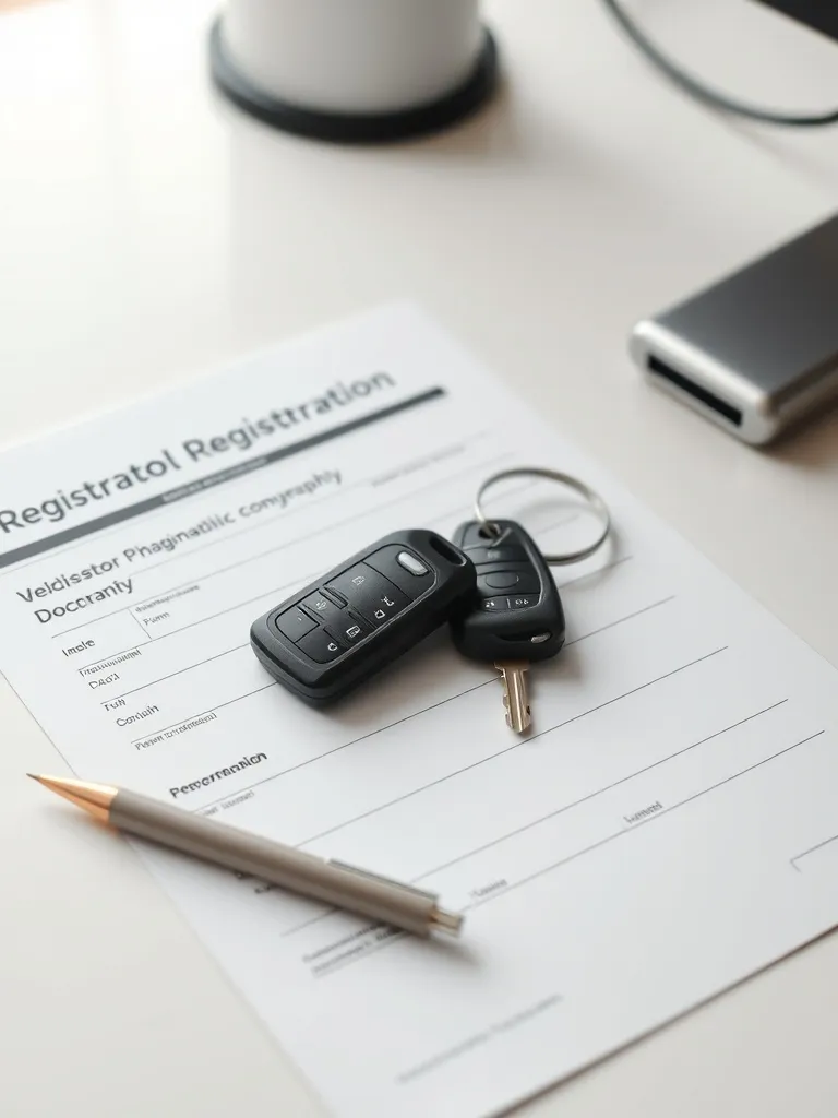 A minimalist desk with vehicle registration documents, a pen