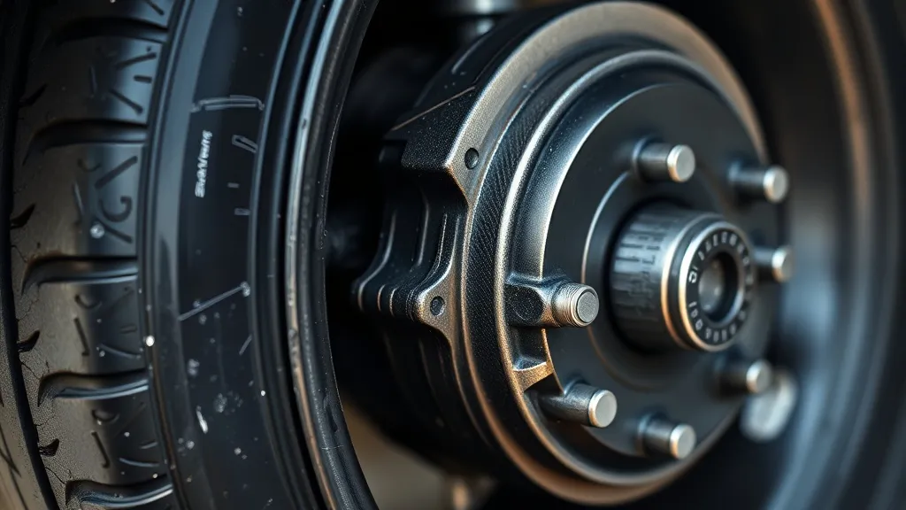 Detailed macro shot of car tire tread and brake components,